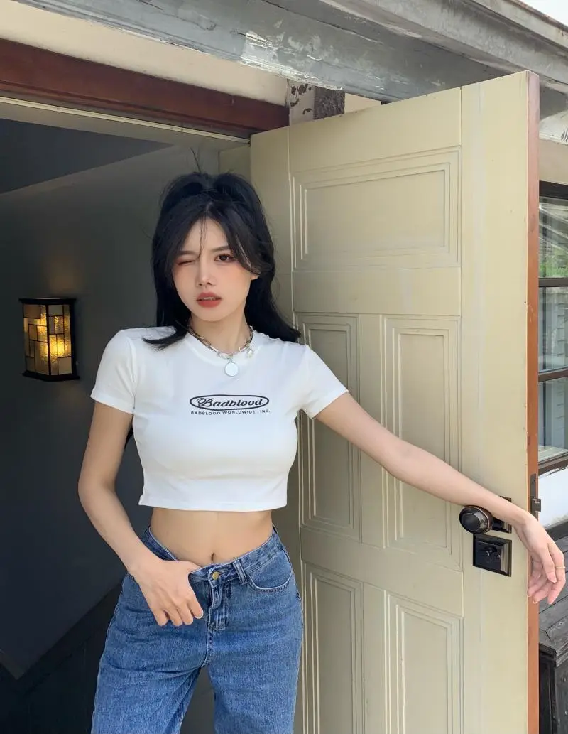Women Black Letter Print Short T-Shirt Slim Fit 2025 — feature 7