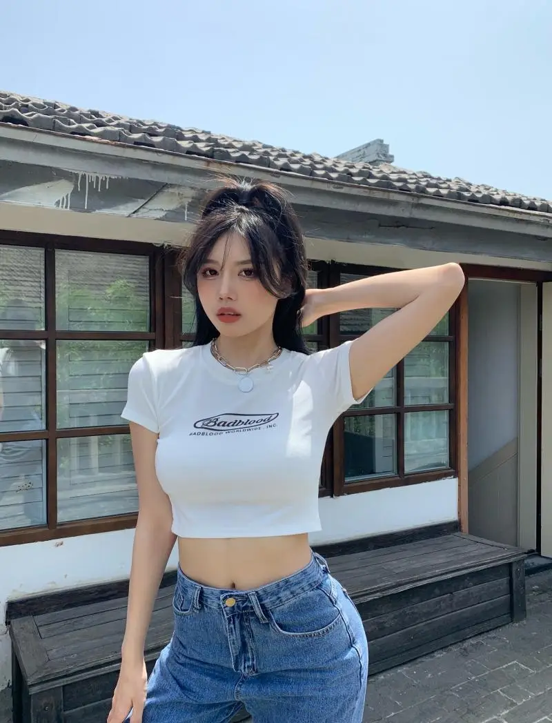 Women Black Letter Print Short T-Shirt Slim Fit 2025 — feature 8