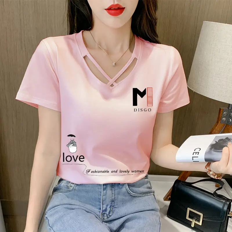 Women Pink V-Neck T-Shirt with Daisy Print - Image 10