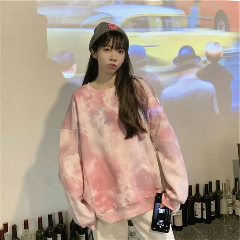 Women Tie-Dye Fleece Sweatshirt Long Sleeve Crewneck Large