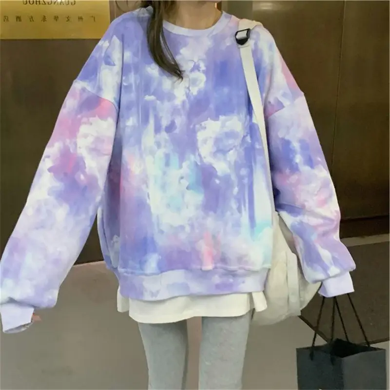 Women Tie-Dye Fleece Sweatshirt Long Sleeve Crewneck Large