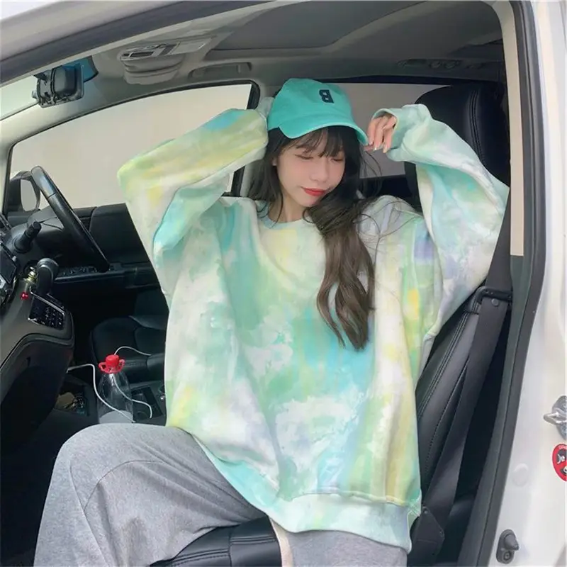 Women Tie-Dye Fleece Sweatshirt Long Sleeve Crewneck Large