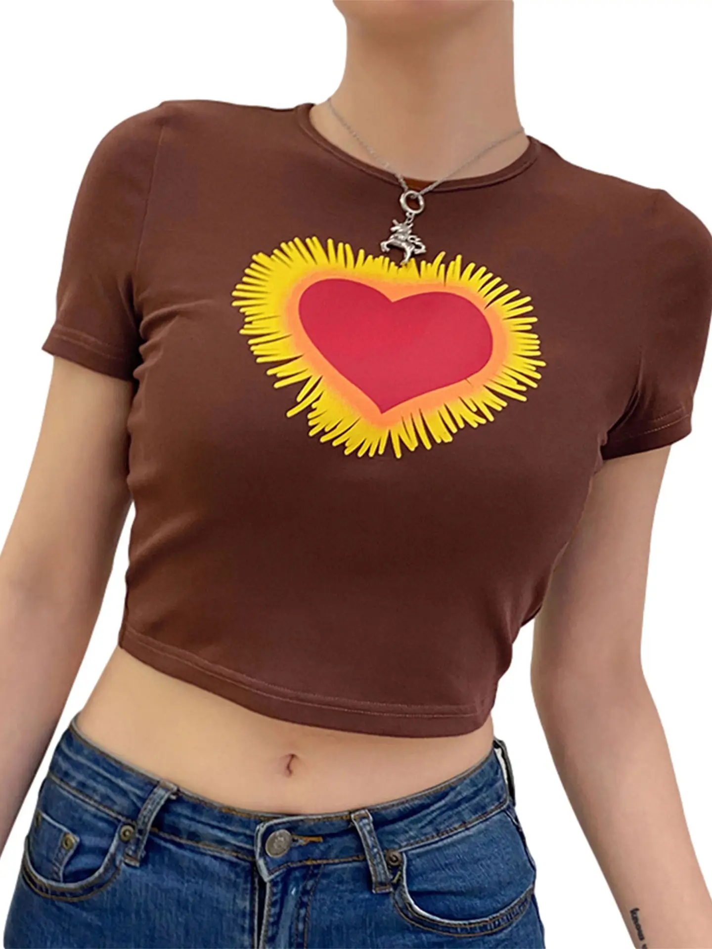 Women Love Print Harajuku Top Shirt Brown Short Sleeve - Image 5