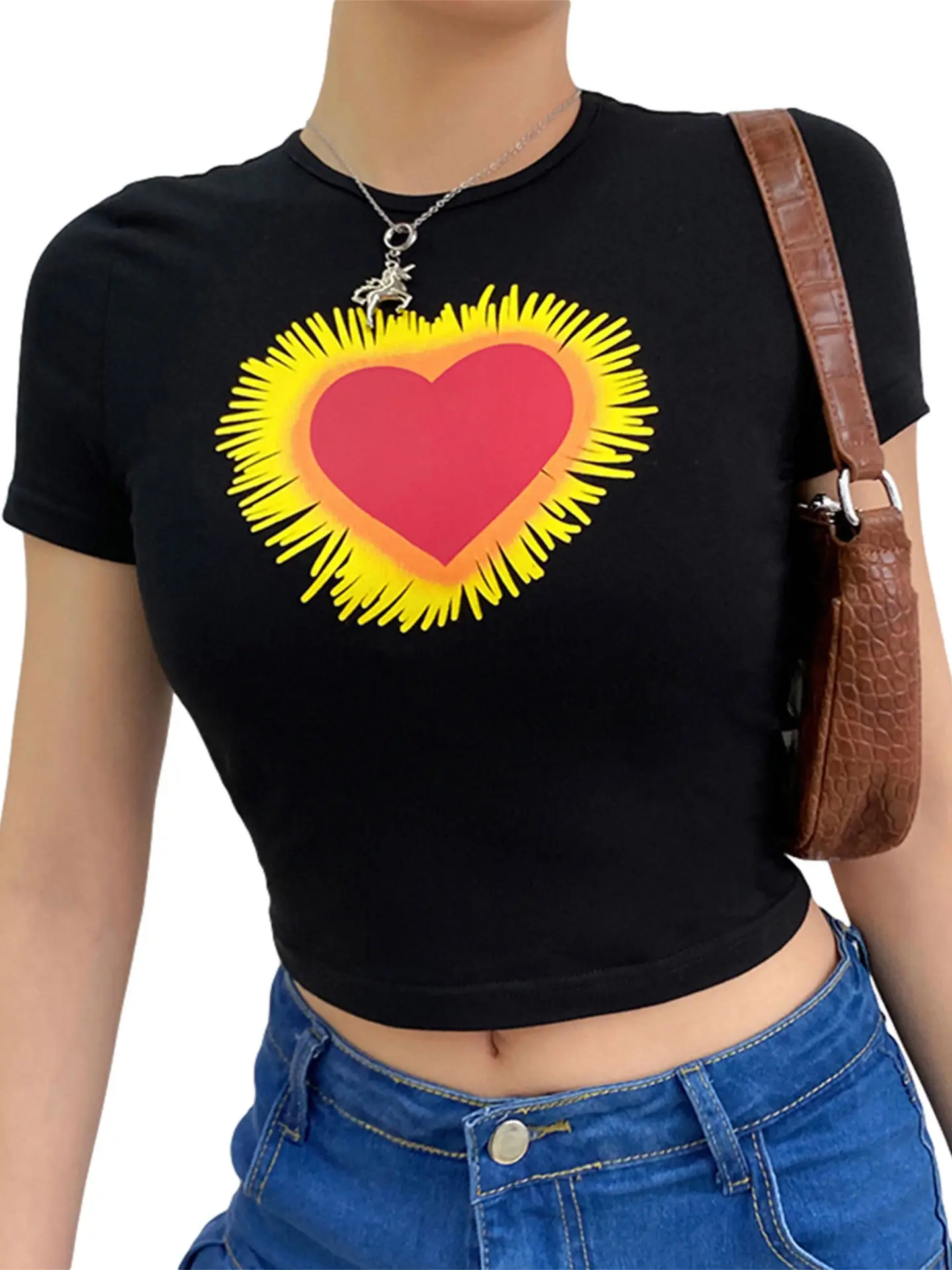 Women Love Print Harajuku Top Shirt Brown Short Sleeve - Image 7