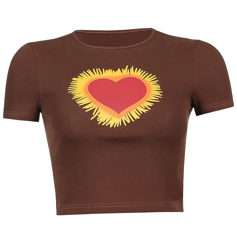 Women Love Print Harajuku Top Shirt Brown Short Sleeve - Image 3