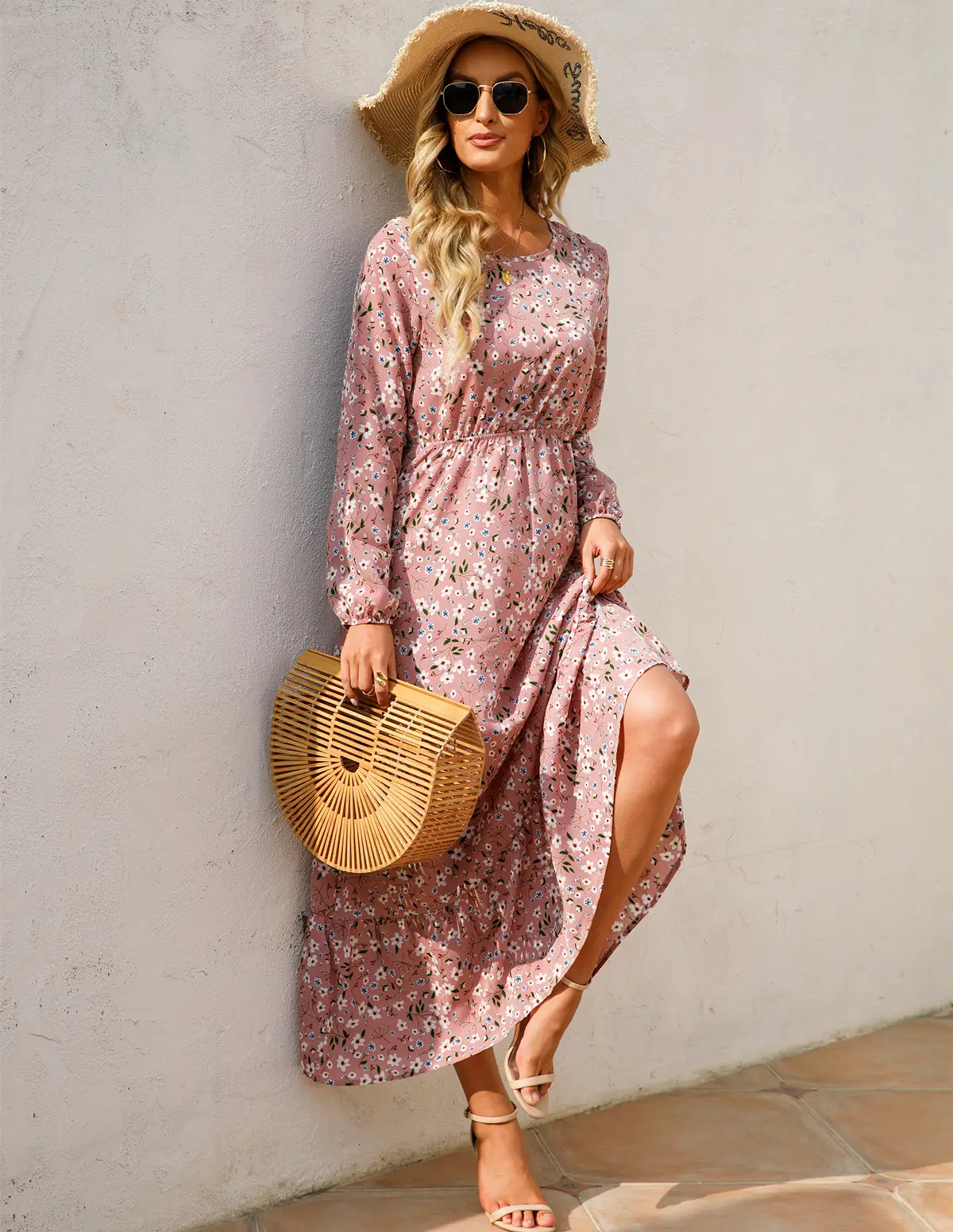 Blue Floral Long Sleeve Waist Slimming Dress - Image 20