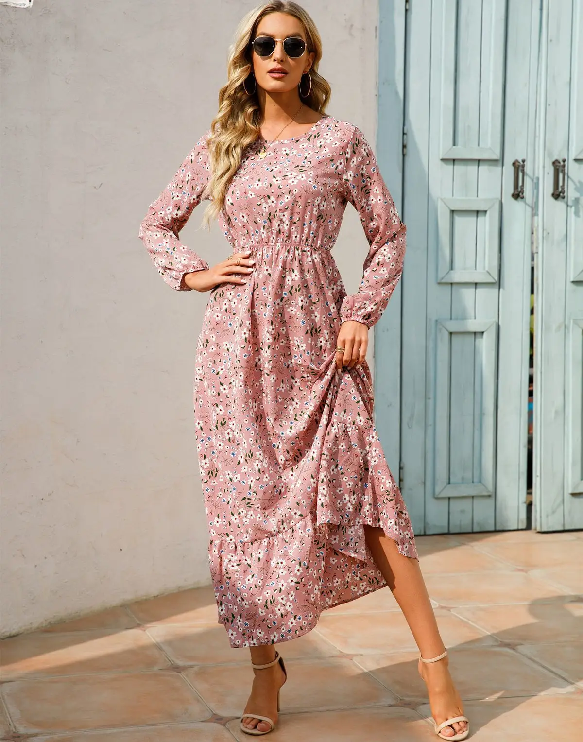 Blue Floral Long Sleeve Waist Slimming Dress - Image 21