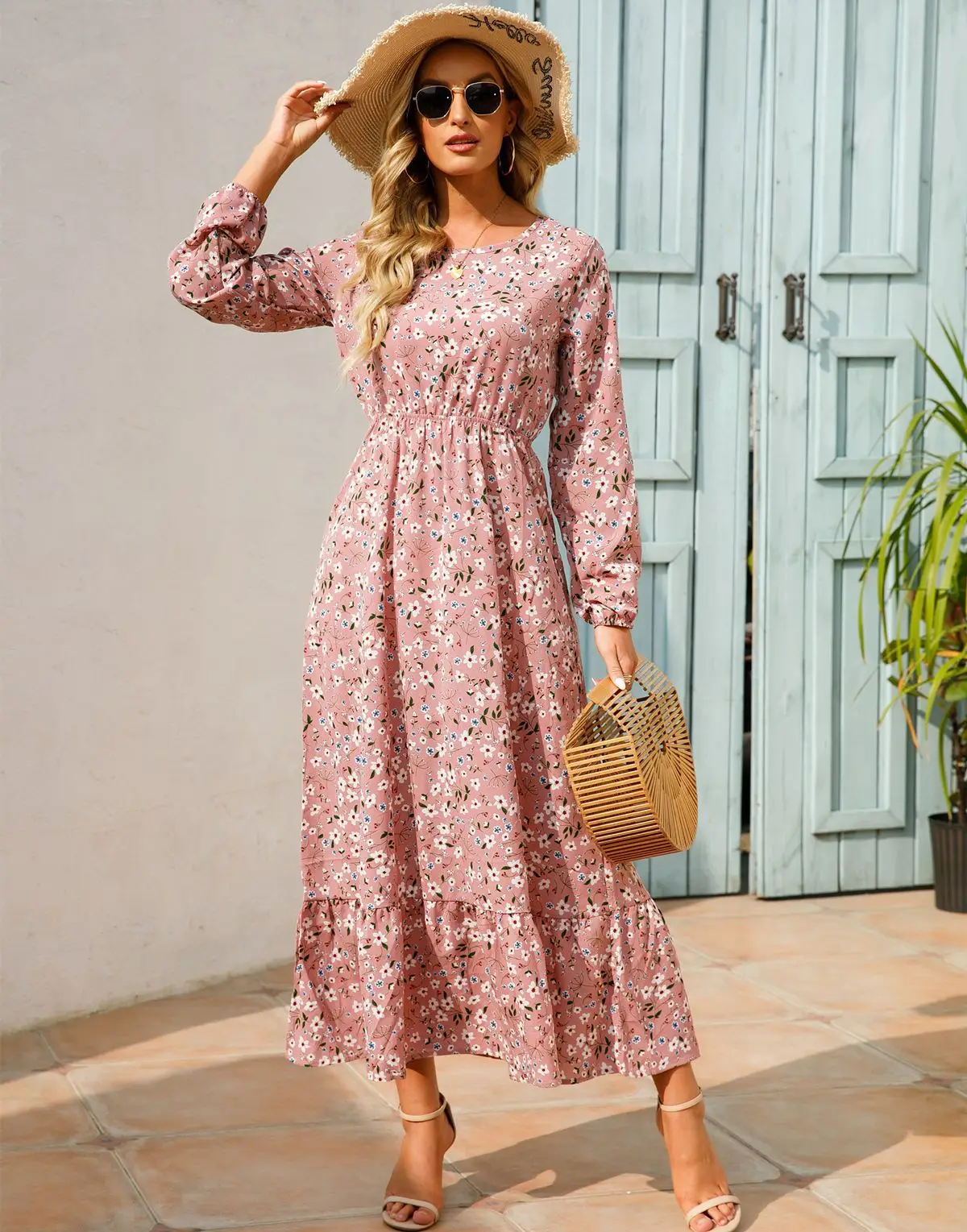 Blue Floral Long Sleeve Waist Slimming Dress - Image 22