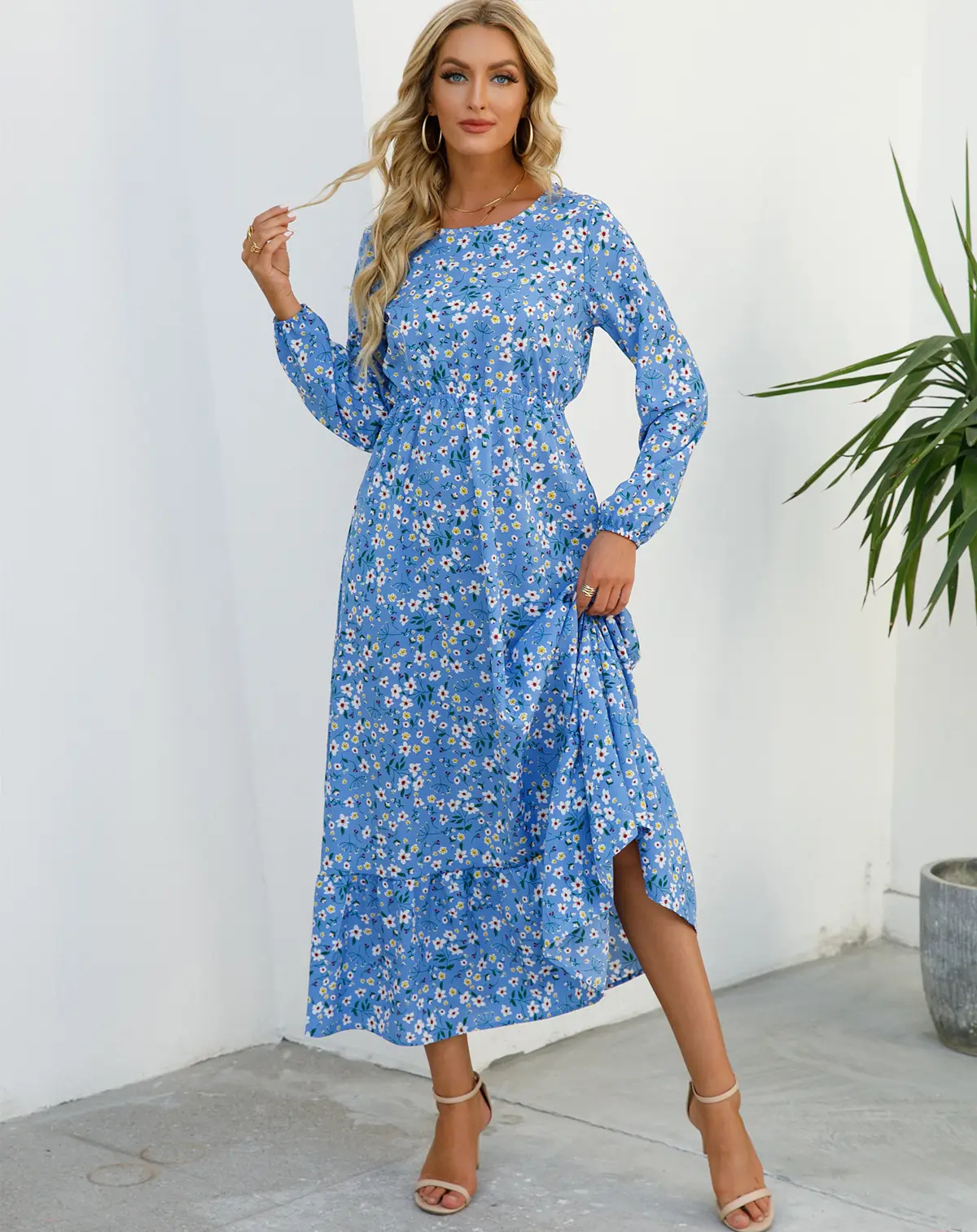 Blue Floral Long Sleeve Waist Slimming Dress - Image 13