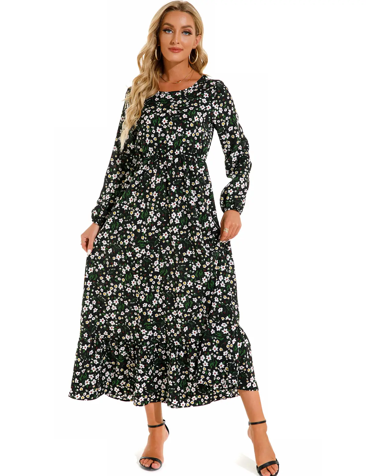 Blue Floral Long Sleeve Waist Slimming Dress - Image 14