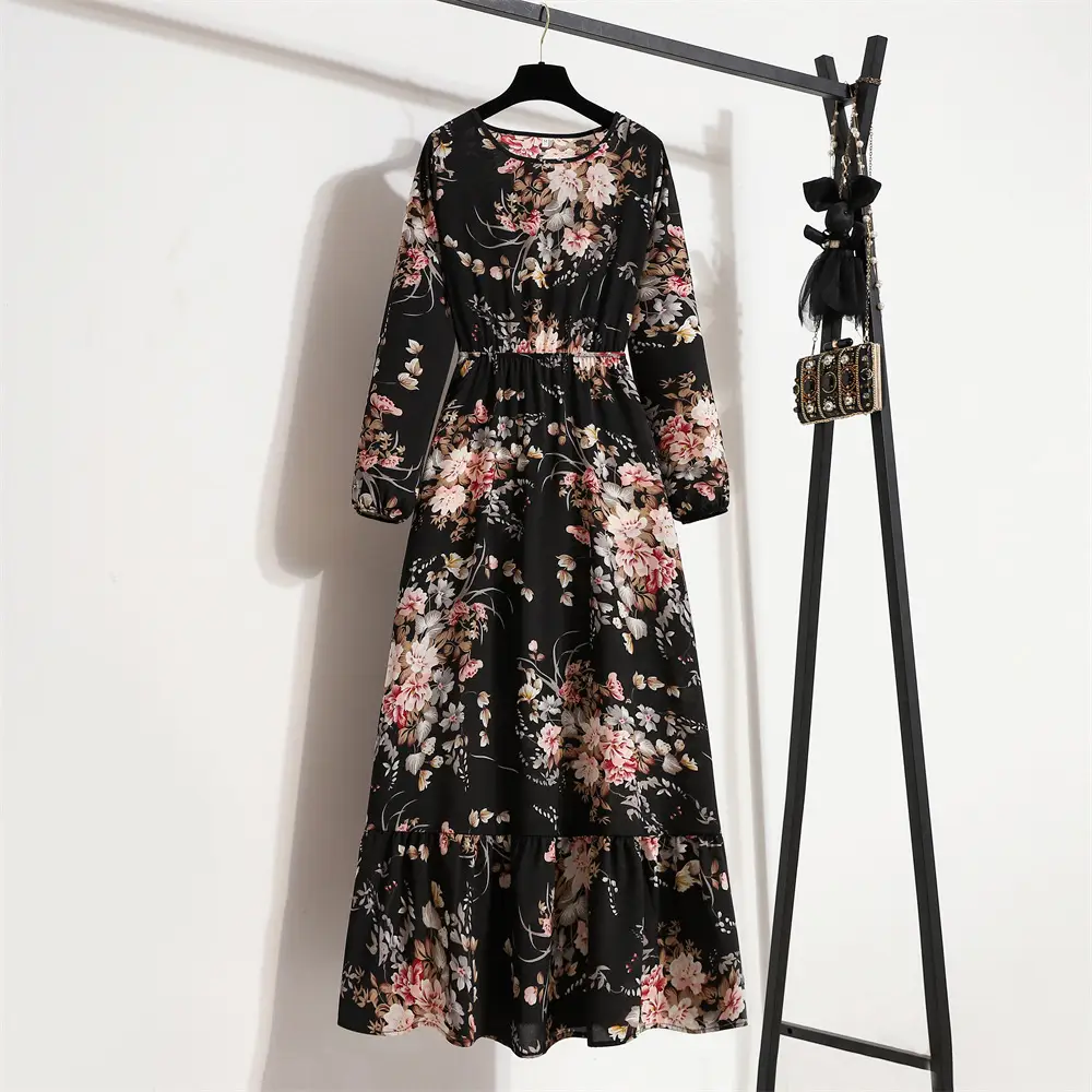 Blue Floral Long Sleeve Waist Slimming Dress - Image 18