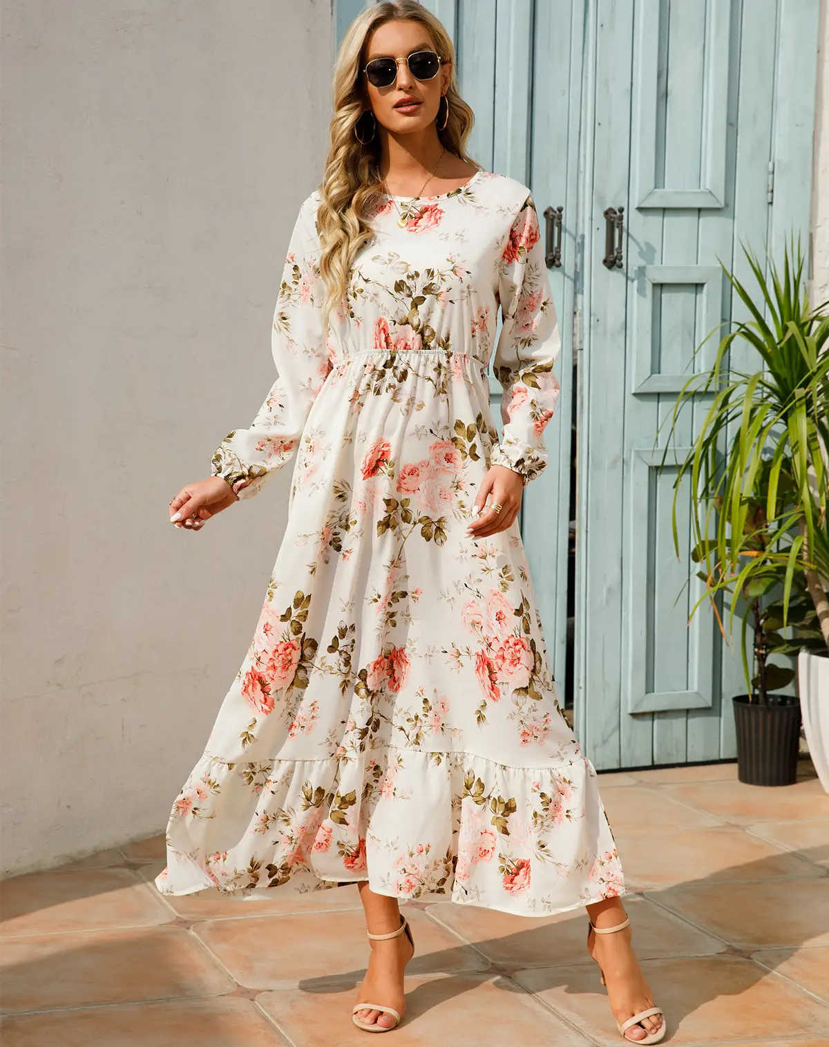 Blue Floral Long Sleeve Waist Slimming Dress - Image 2