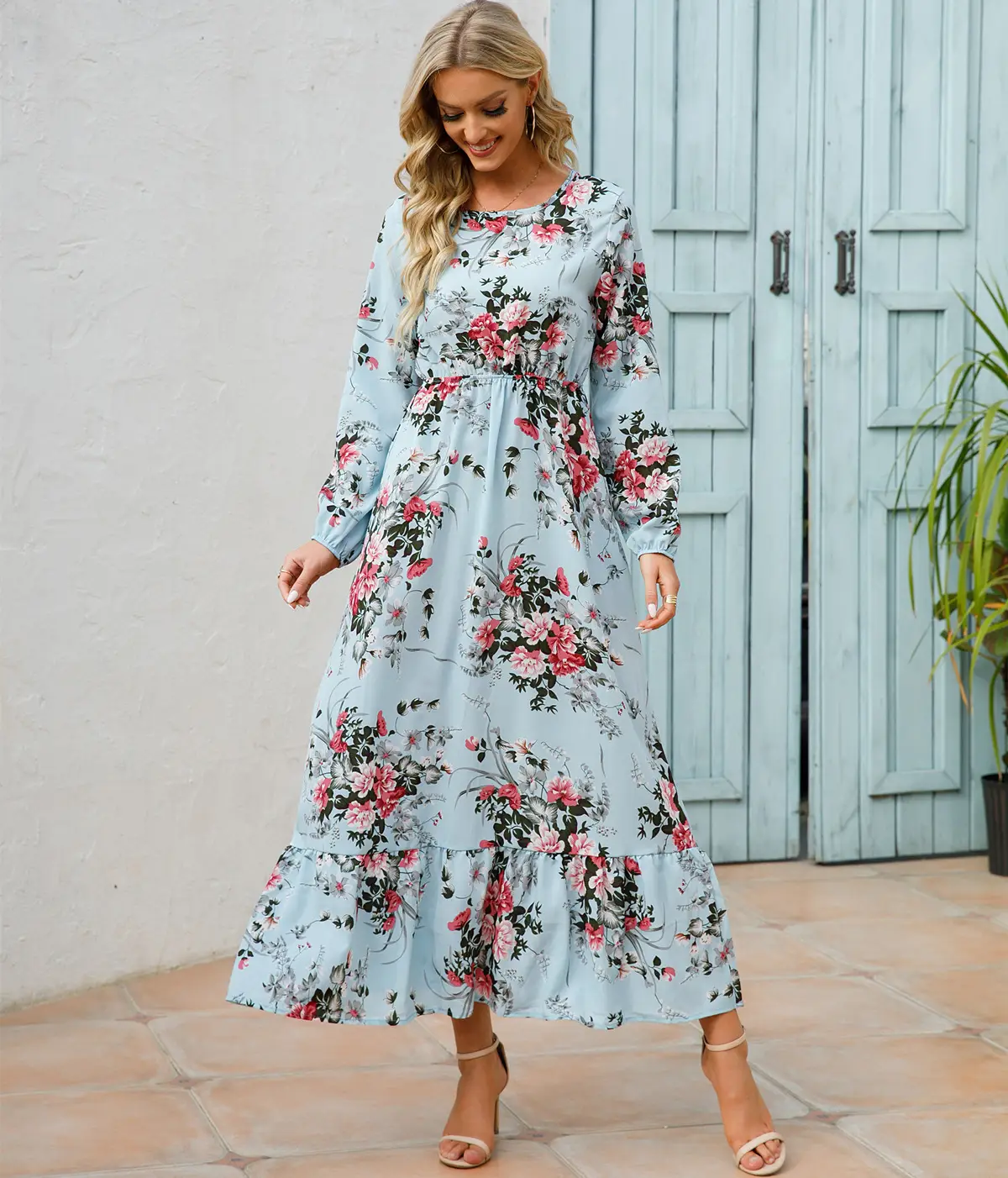 Blue Floral Long Sleeve Waist Slimming Dress - Image 3