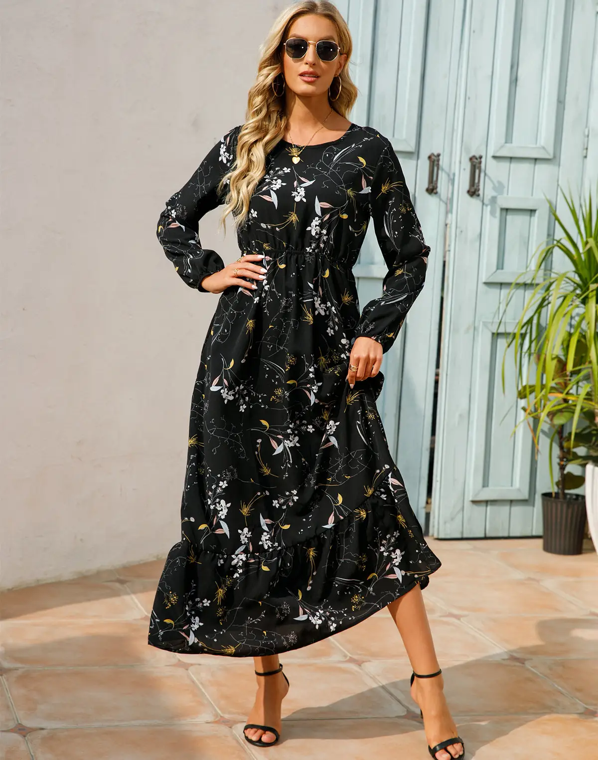 Blue Floral Long Sleeve Waist Slimming Dress - Image 4