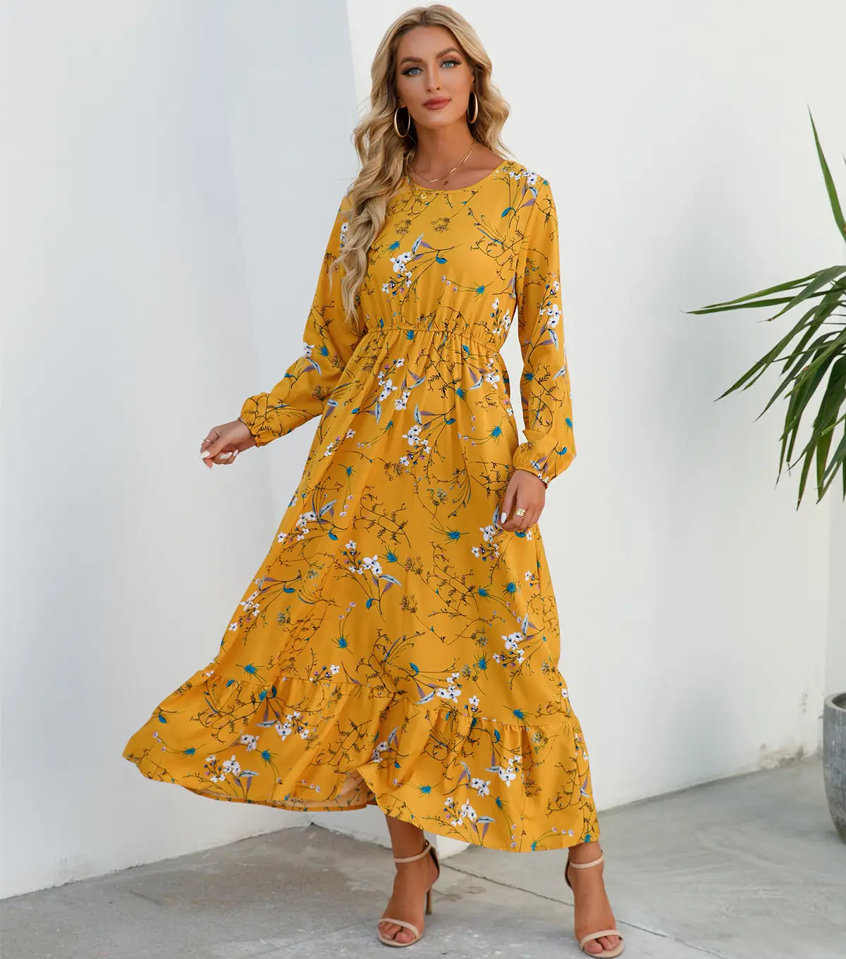 Blue Floral Long Sleeve Waist Slimming Dress - Image 5
