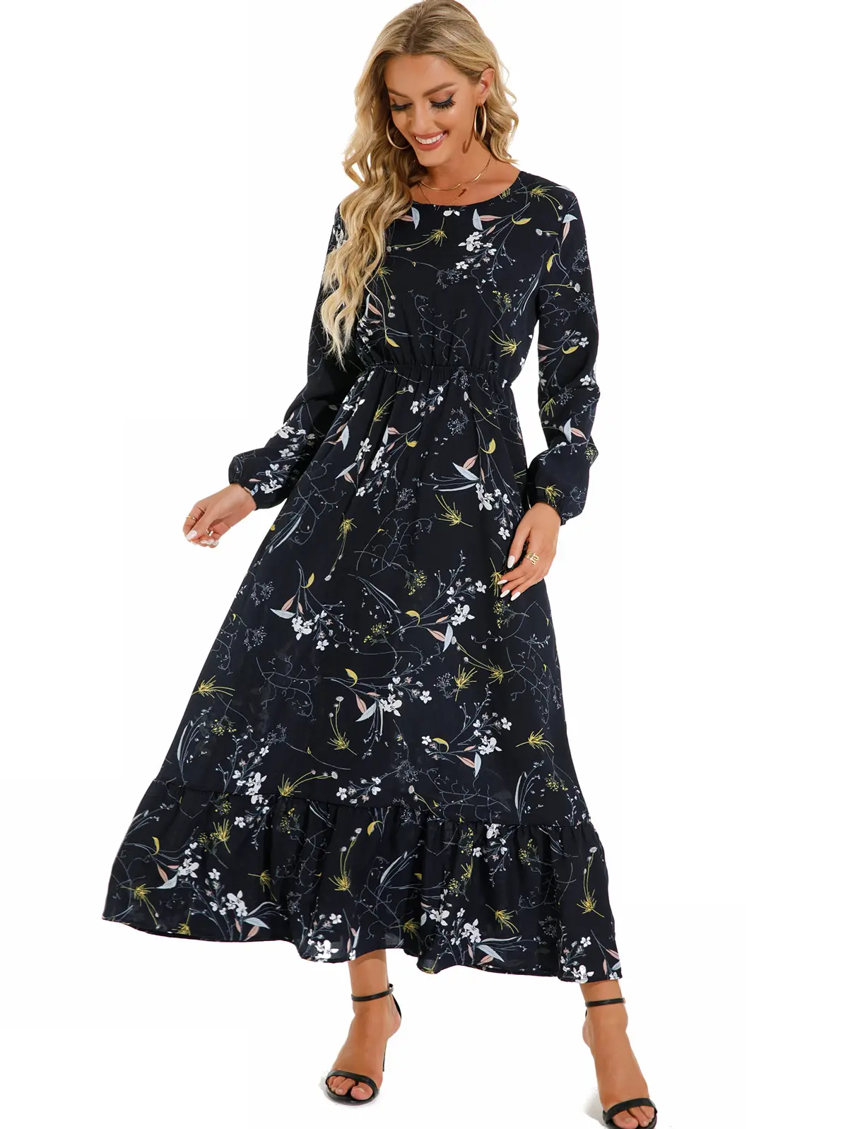 Blue Floral Long Sleeve Waist Slimming Dress - Image 6