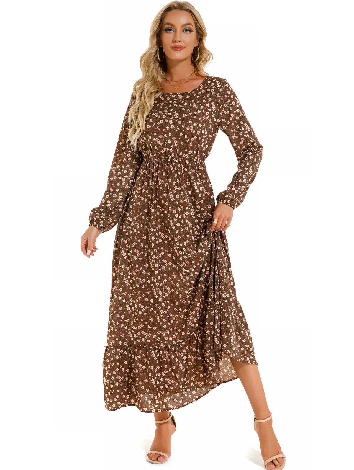 Blue Floral Long Sleeve Waist Slimming Dress - Image 7