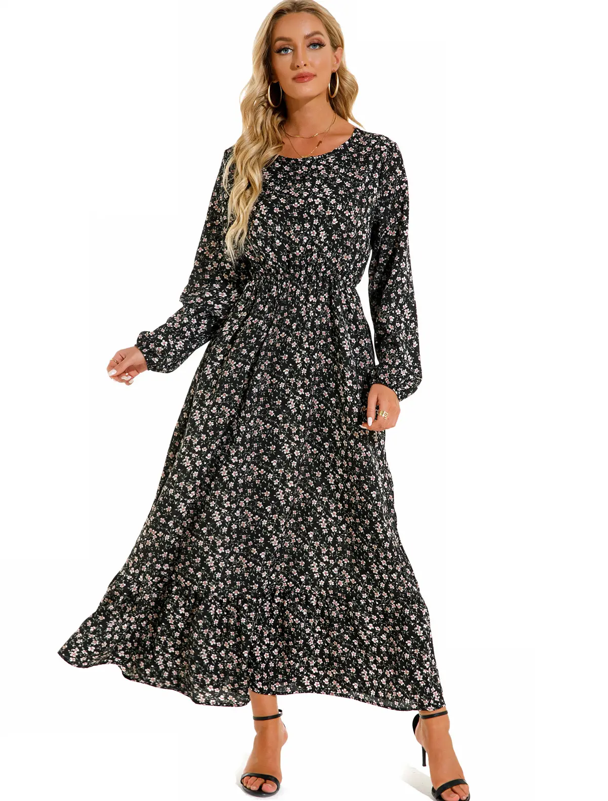 Blue Floral Long Sleeve Waist Slimming Dress - Image 9