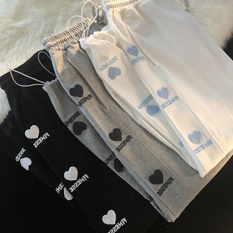 Women's Black Fleece Embroidered Sweatpants High Waist Wide Leg