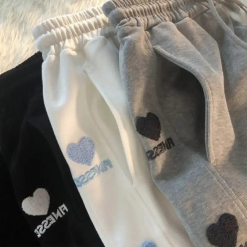 Women's Black Fleece Embroidered Sweatpants High Waist Wide Leg