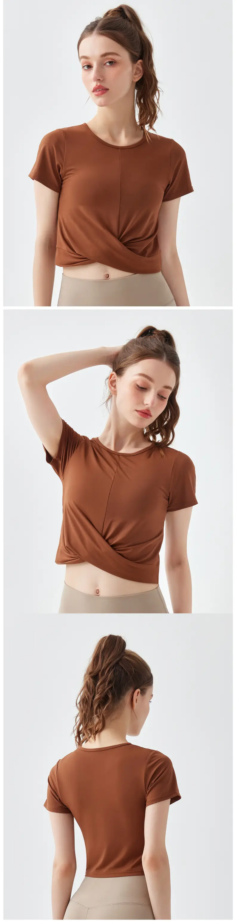 Women Crossbody T-Shirt Brown Short Sleeve Breathable — feature 14