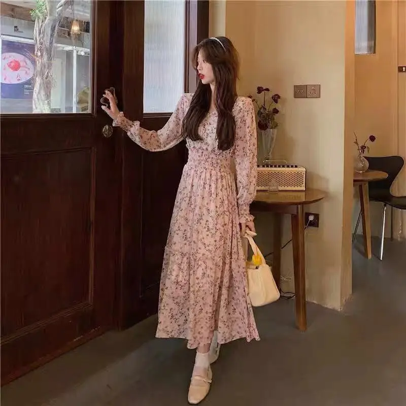 Korean Style Floral Chiffon Dress Long Sleeve Waist Display
