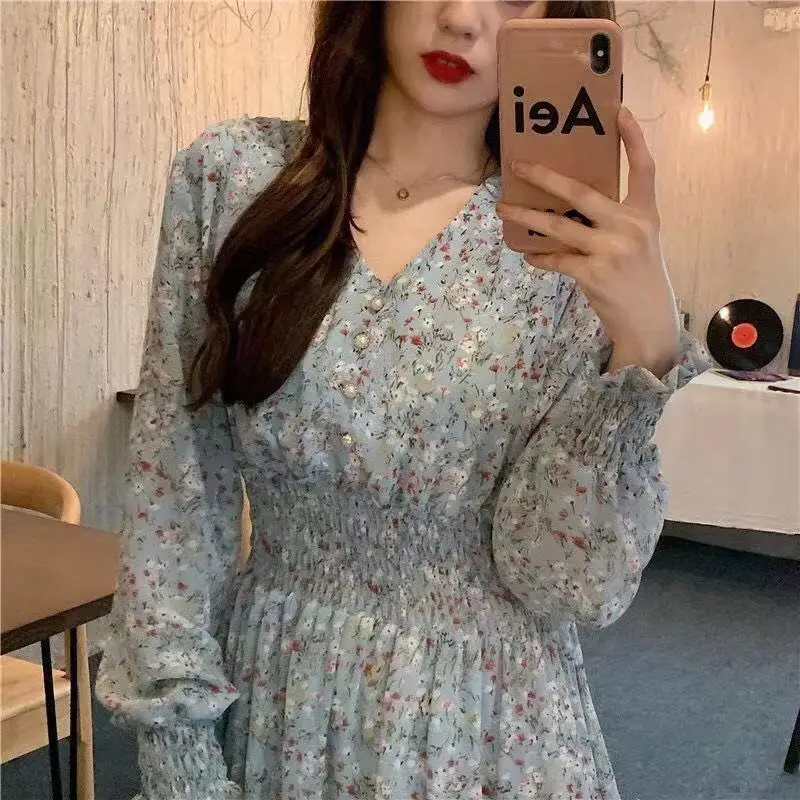 Korean Style Floral Chiffon Dress Long Sleeve Waist Display — feature 10