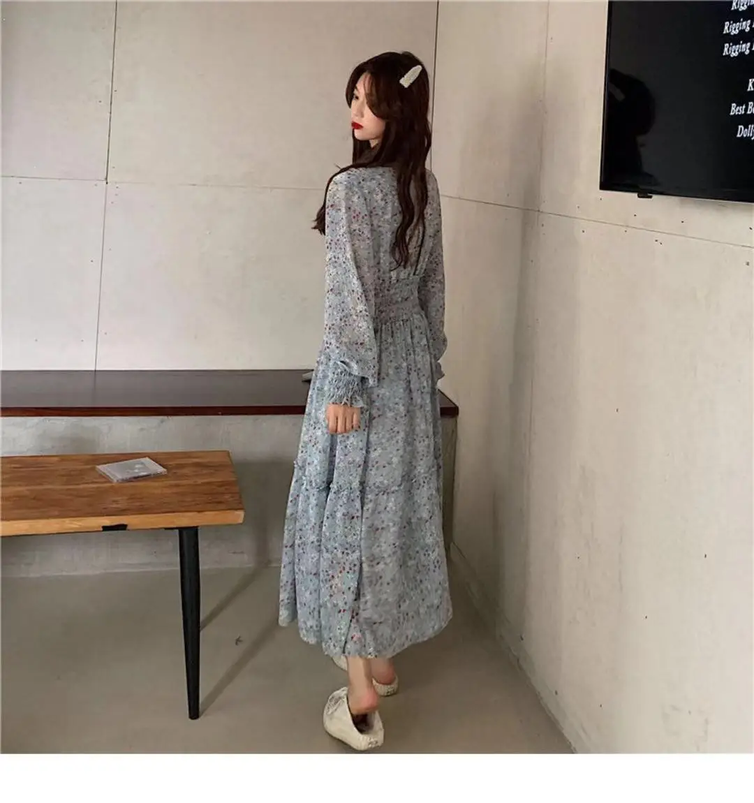 Korean Style Floral Chiffon Dress Long Sleeve Waist Display — feature 12