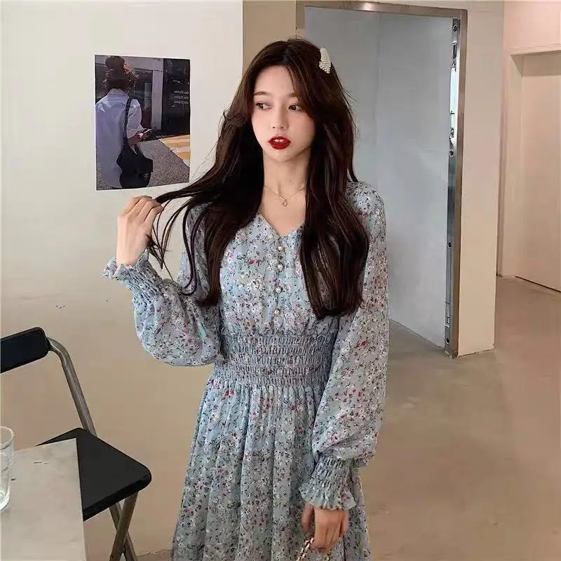 Korean Style Floral Chiffon Dress Long Sleeve Waist Display — feature 13