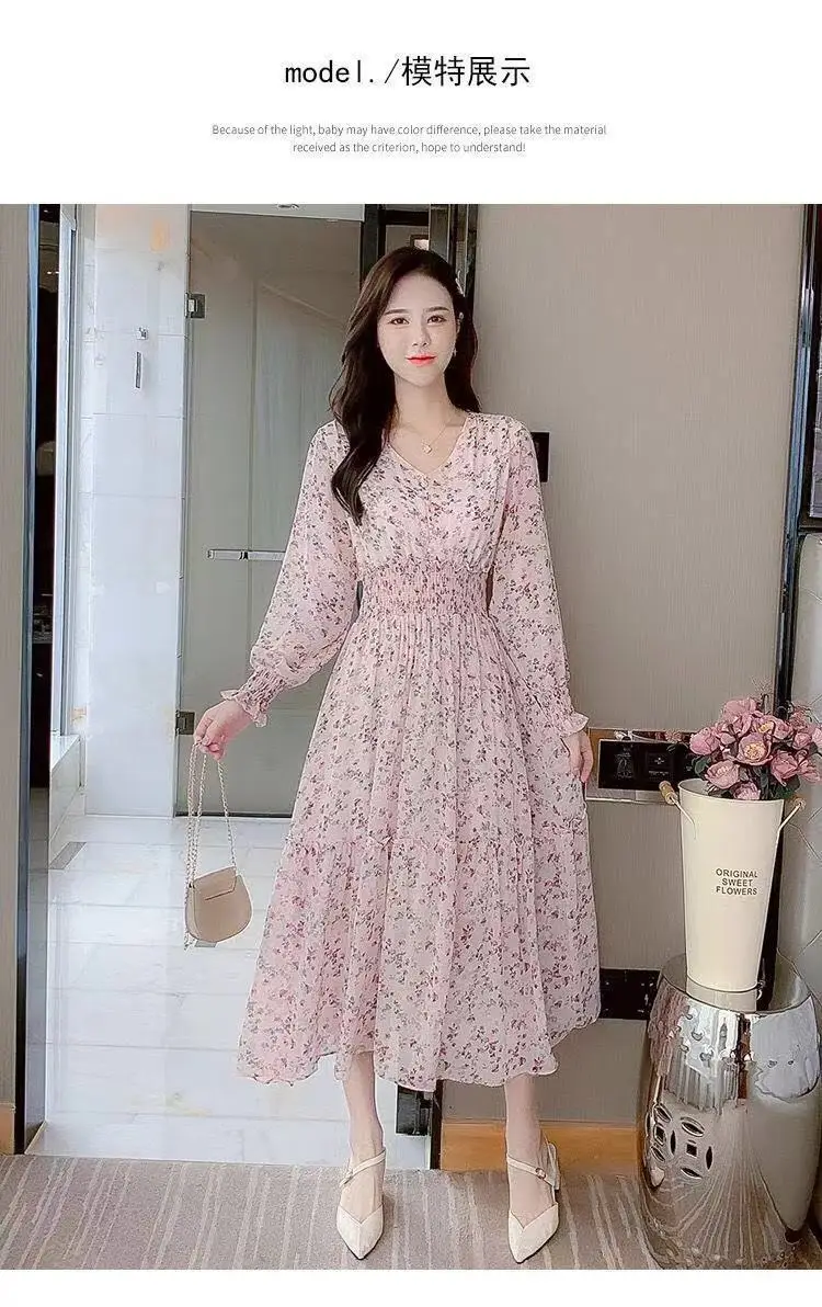 Korean Style Floral Chiffon Dress Long Sleeve Waist Display — feature 14