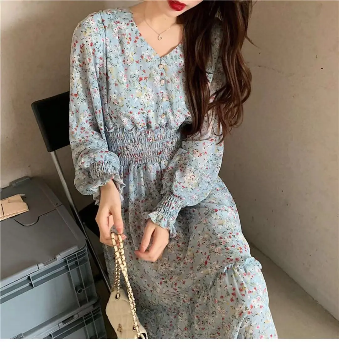 Korean Style Floral Chiffon Dress Long Sleeve Waist Display — feature 15