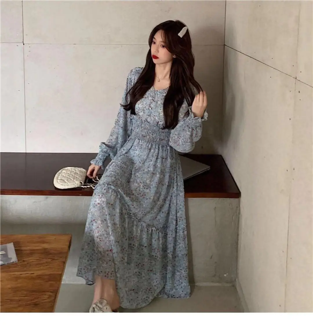 Korean Style Floral Chiffon Dress Long Sleeve Waist Display — feature 16