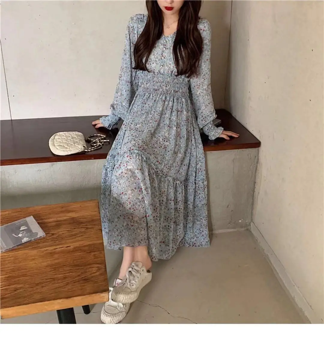Korean Style Floral Chiffon Dress Long Sleeve Waist Display — feature 17