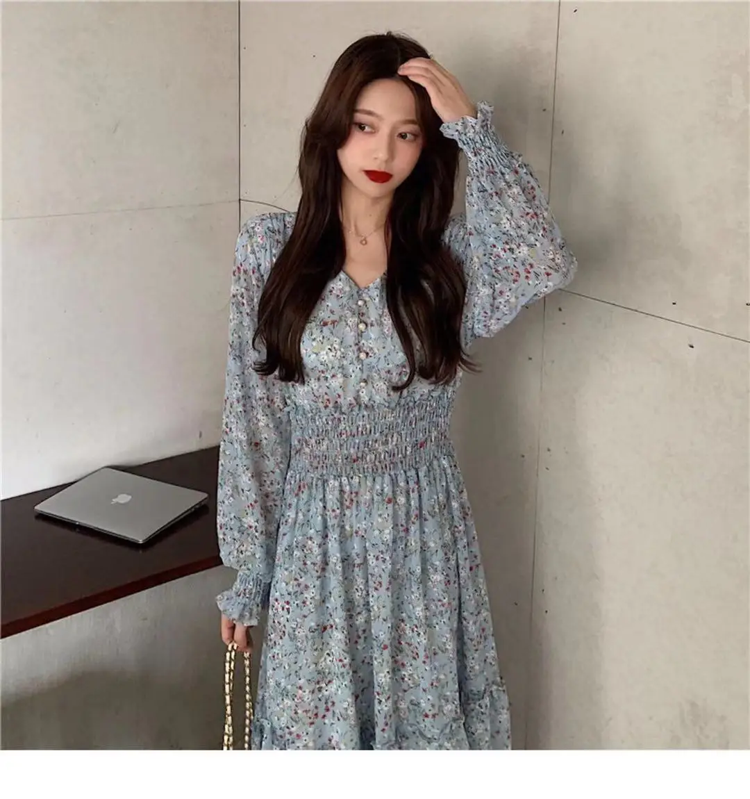 Korean Style Floral Chiffon Dress Long Sleeve Waist Display — feature 18