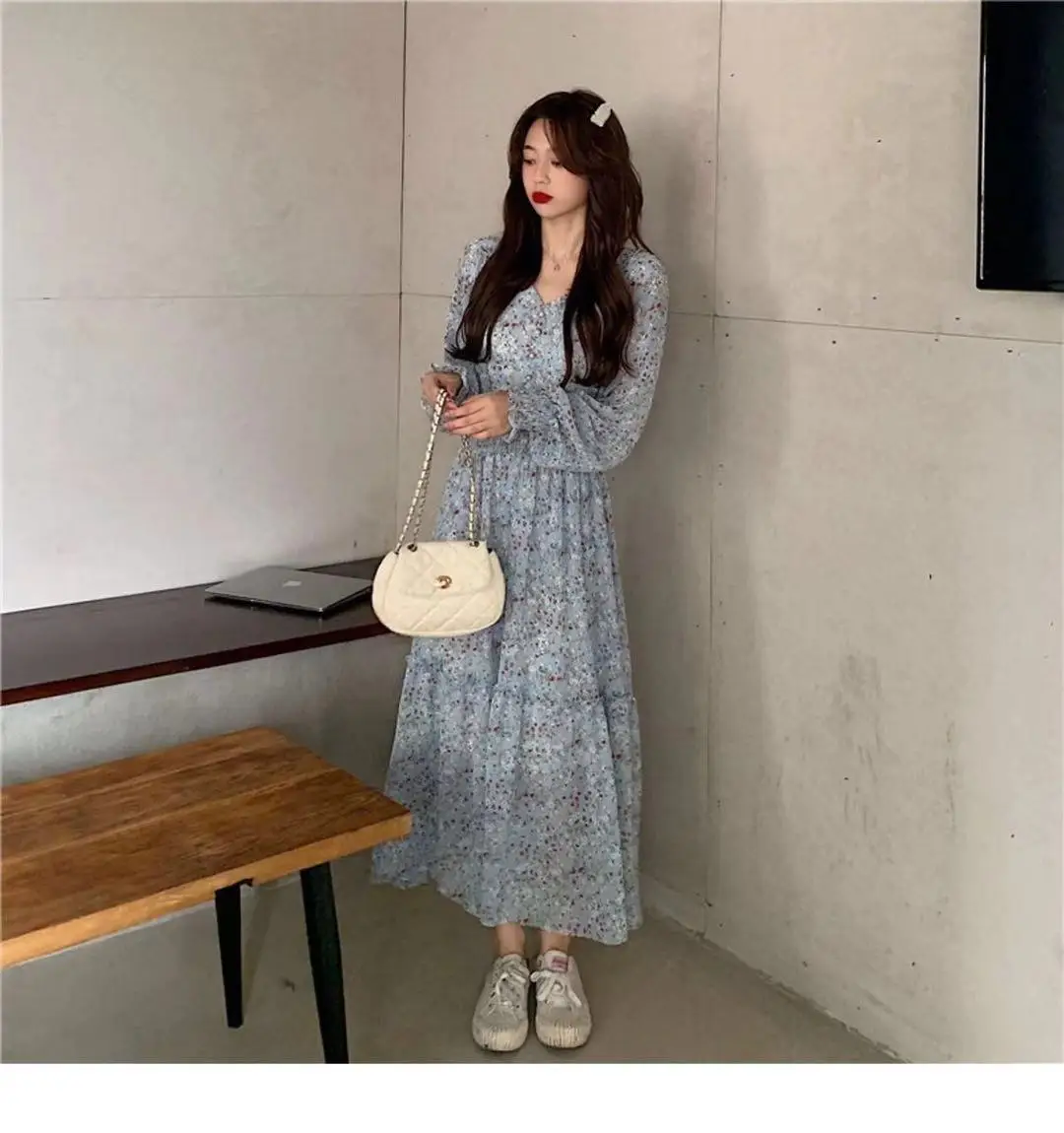 Korean Style Floral Chiffon Dress Long Sleeve Waist Display — feature 19
