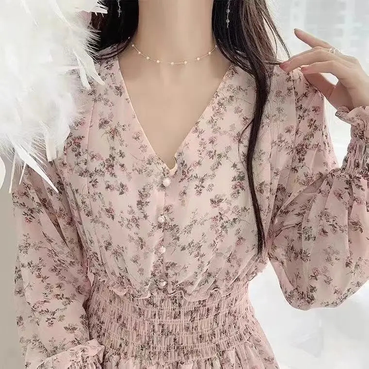 Korean Style Floral Chiffon Dress Long Sleeve Waist Display — feature 2