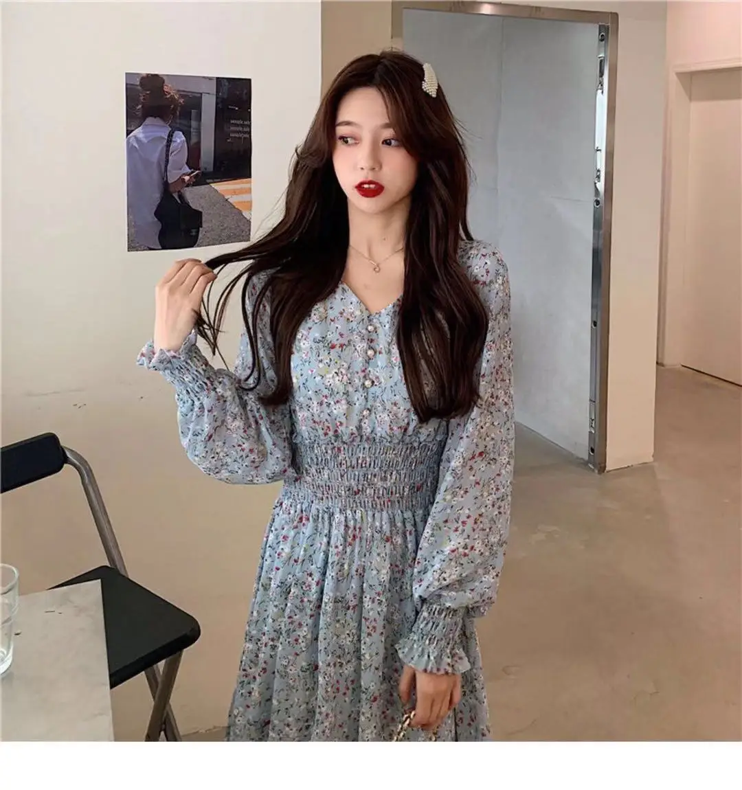 Korean Style Floral Chiffon Dress Long Sleeve Waist Display — feature 20