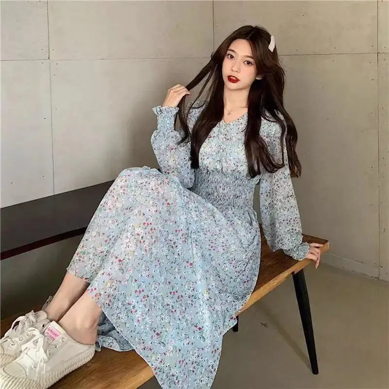 Korean Style Floral Chiffon Dress Long Sleeve Waist Display — feature 21