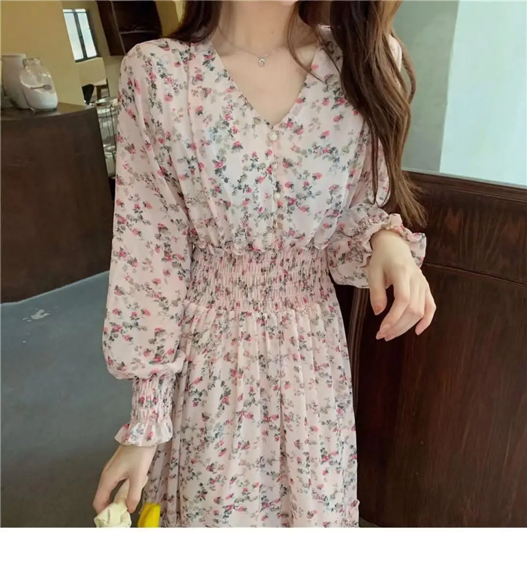 Korean Style Floral Chiffon Dress Long Sleeve Waist Display — feature 22