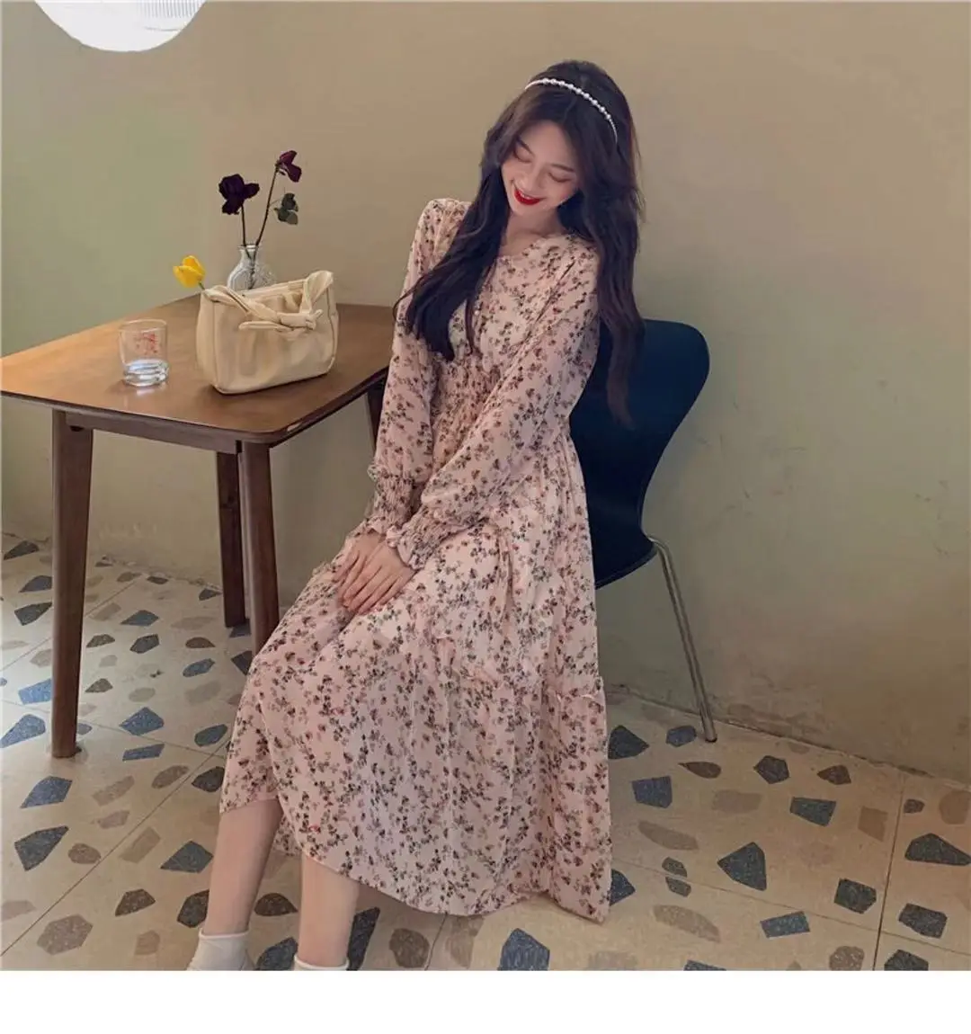Korean Style Floral Chiffon Dress Long Sleeve Waist Display — feature 23