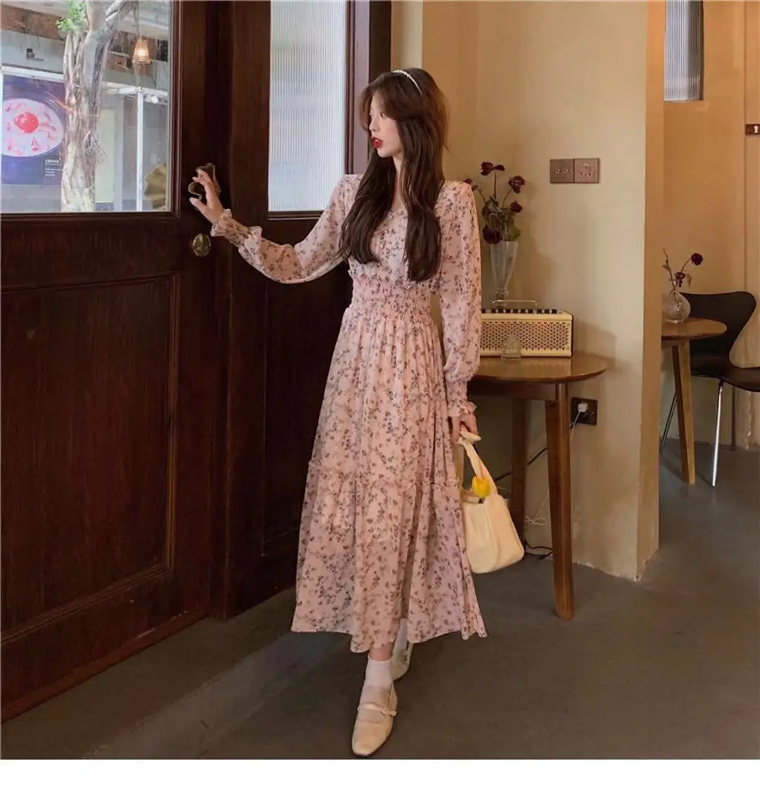 Korean Style Floral Chiffon Dress Long Sleeve Waist Display — feature 24