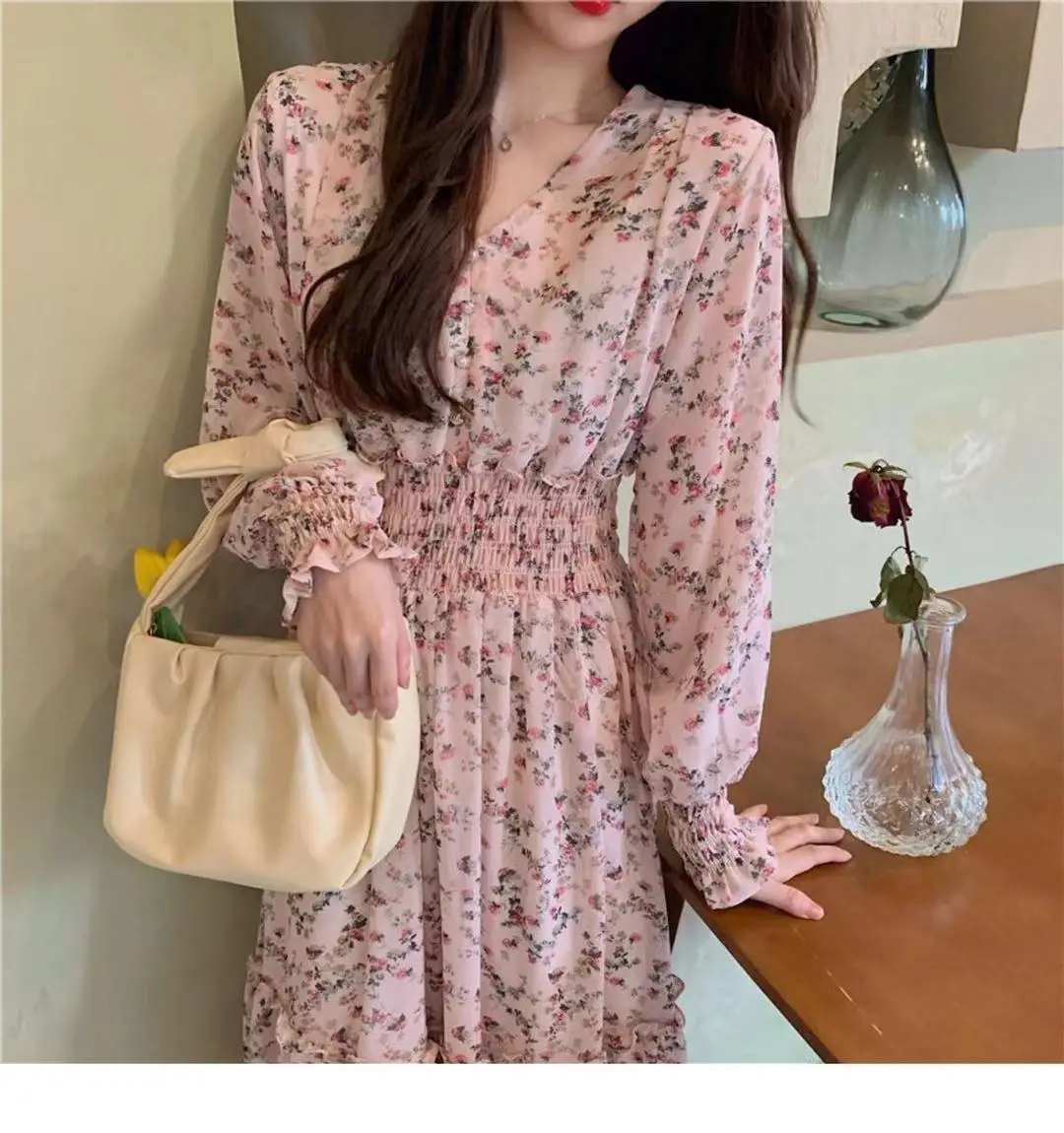 Korean Style Floral Chiffon Dress Long Sleeve Waist Display — feature 25