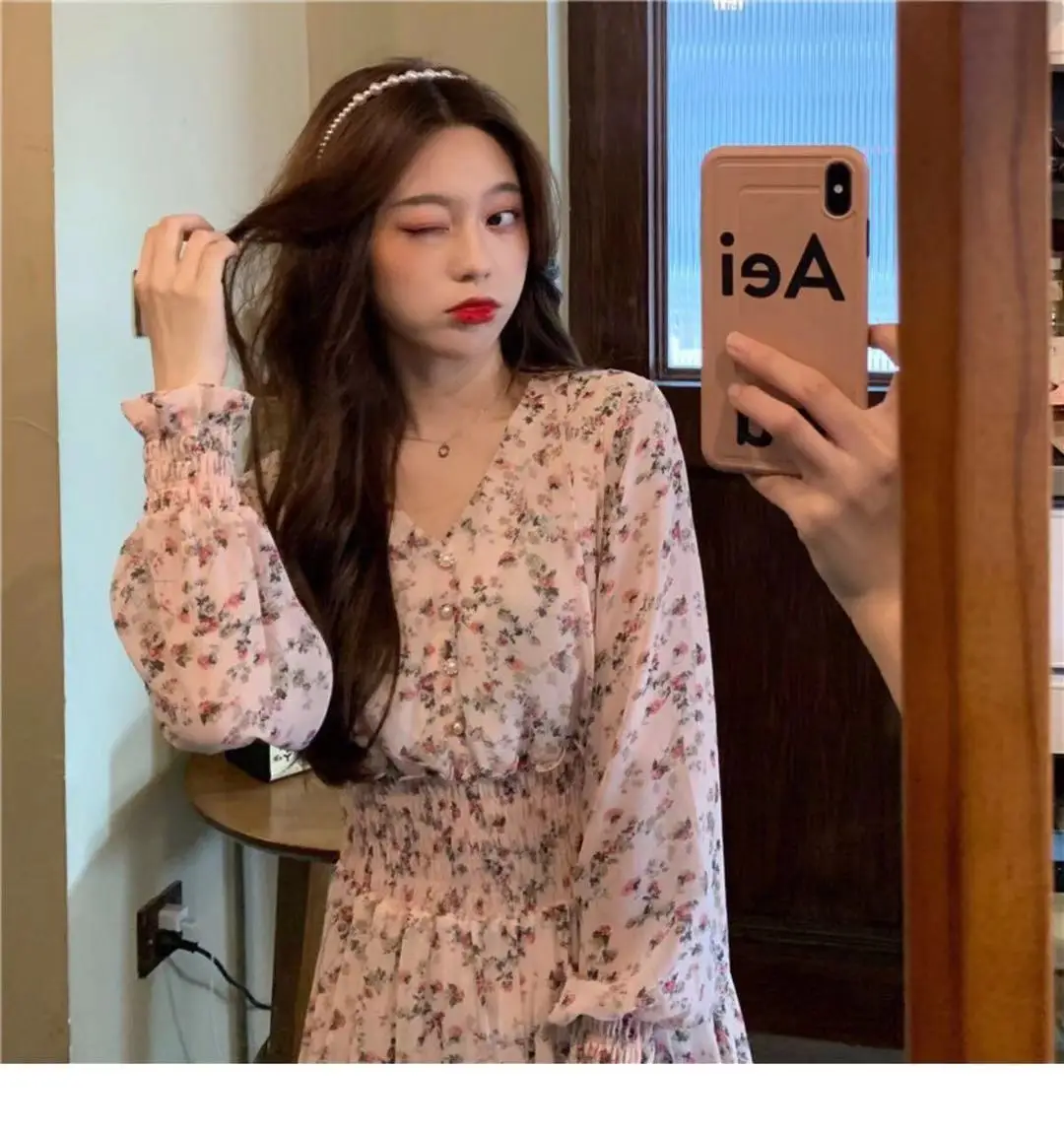 Korean Style Floral Chiffon Dress Long Sleeve Waist Display — feature 26