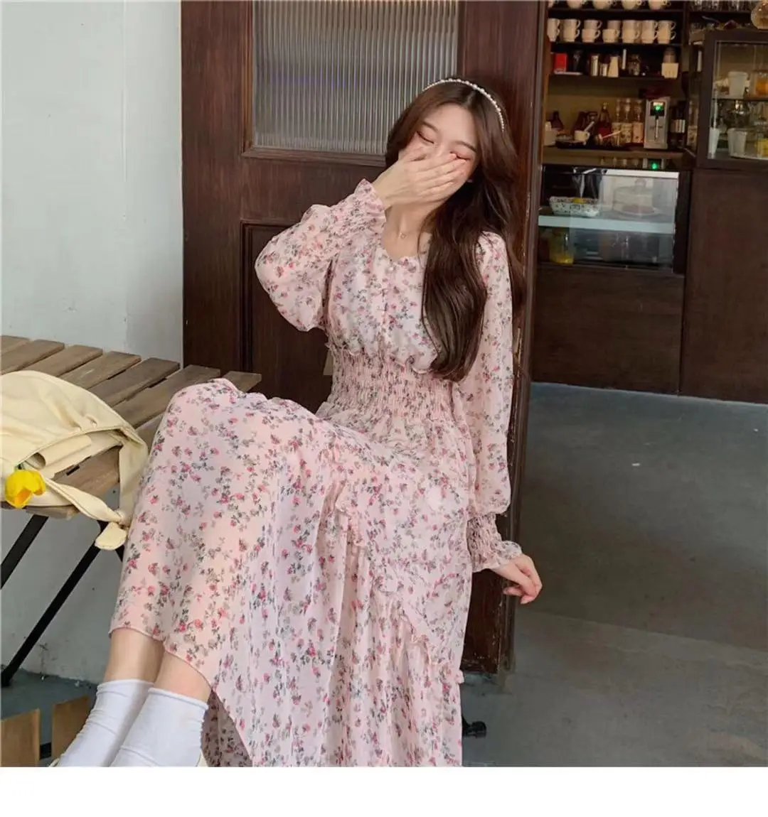 Korean Style Floral Chiffon Dress Long Sleeve Waist Display — feature 27