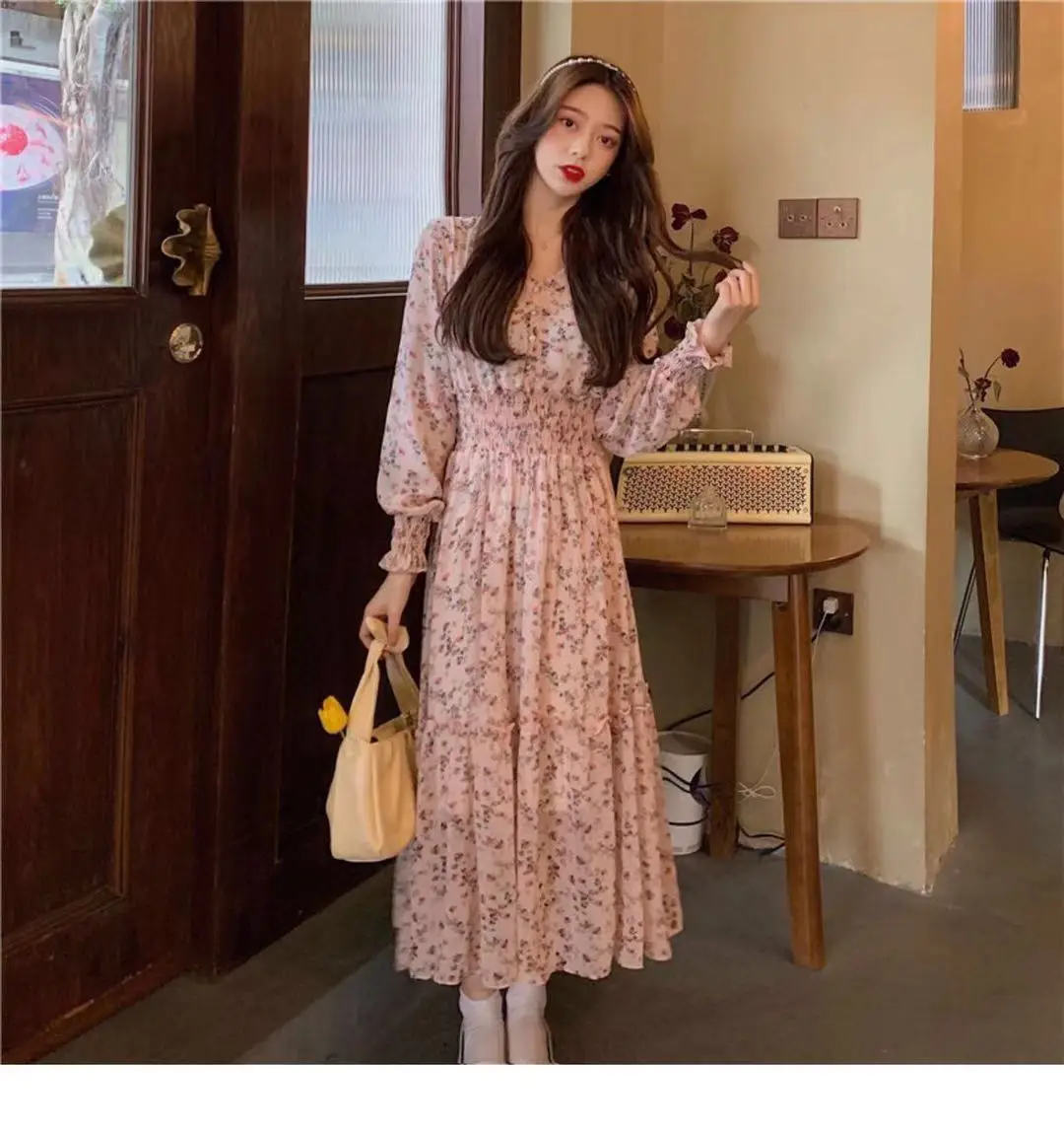 Korean Style Floral Chiffon Dress Long Sleeve Waist Display — feature 28