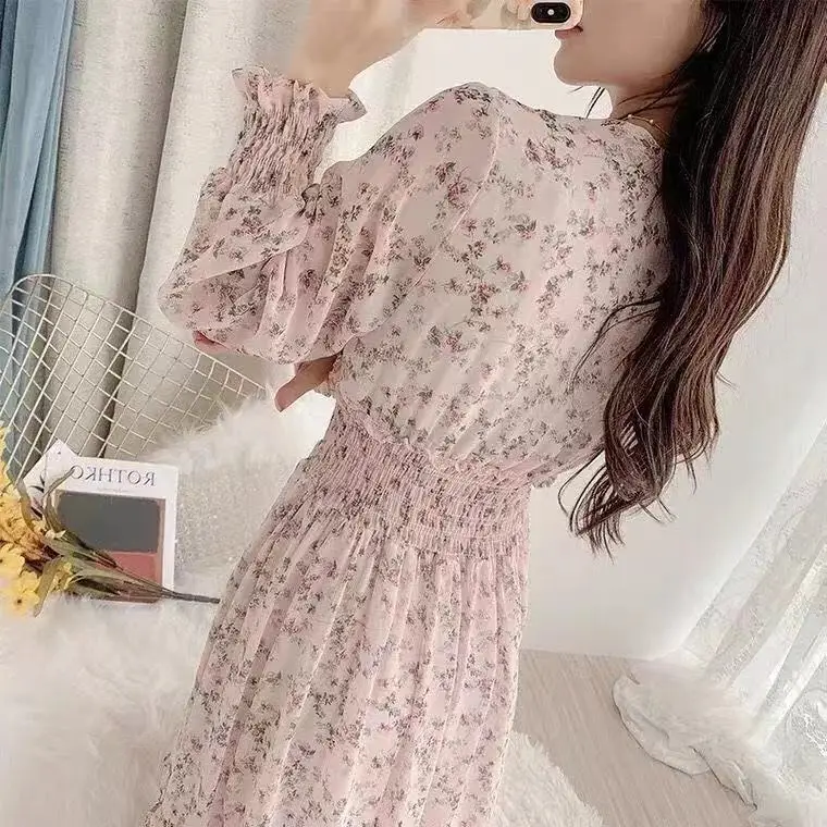 Korean Style Floral Chiffon Dress Long Sleeve Waist Display — feature 6