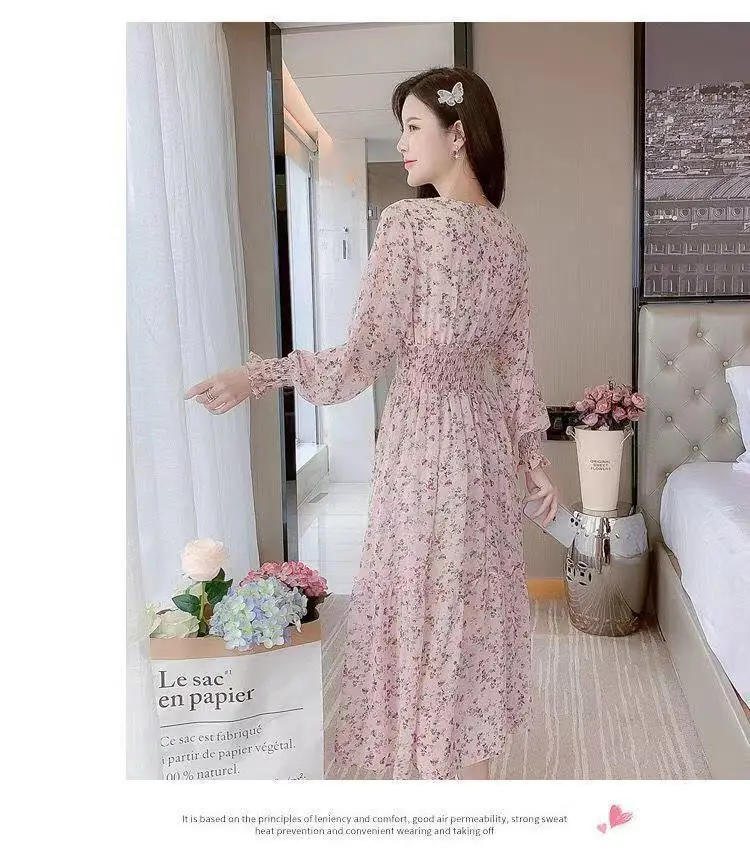 Korean Style Floral Chiffon Dress Long Sleeve Waist Display — feature 7