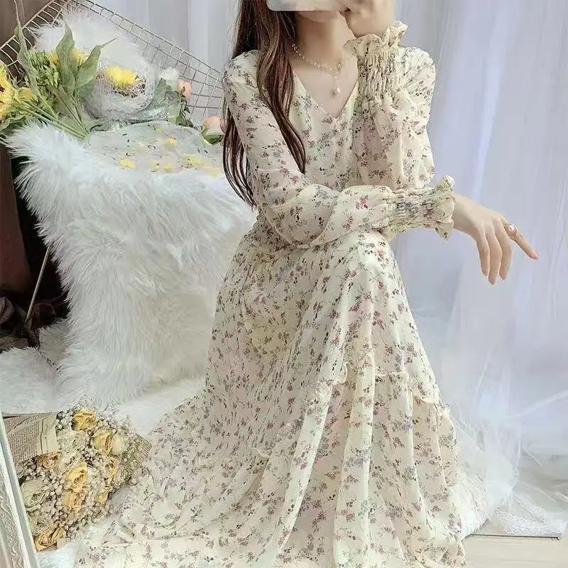 Korean Style Floral Chiffon Dress Long Sleeve Waist Display — feature 8