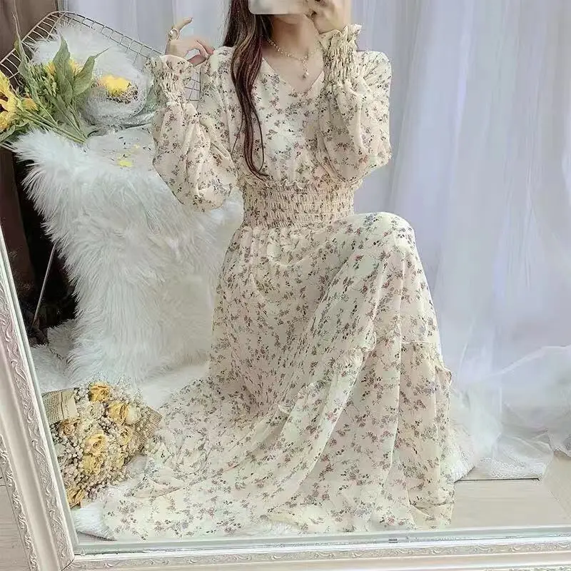 Korean Style Floral Chiffon Dress Long Sleeve Waist Display — feature 9