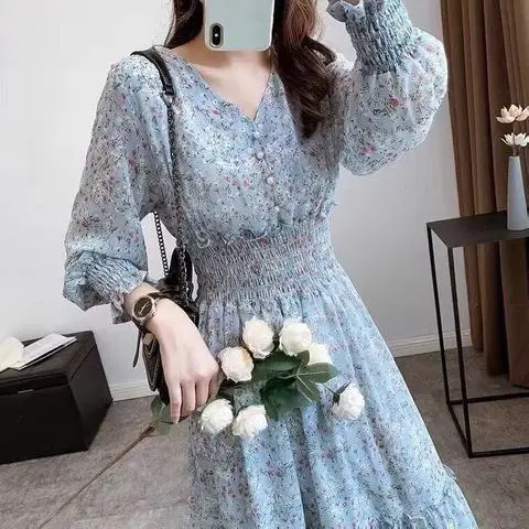 Korean Style Floral Chiffon Dress Long Sleeve Waist Display
